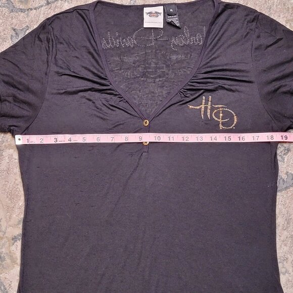 Harley-Davidson Black & Gold Embellished V-Neck Tee – Size XL - Picture 11 of 12